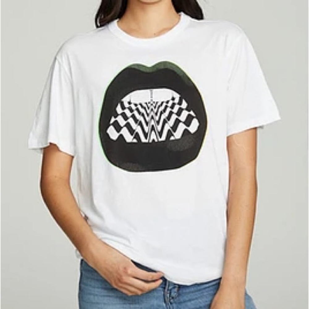 Chaser Jersey 80s Lips Tee Shirt in White and Black with Neon Green Size XS